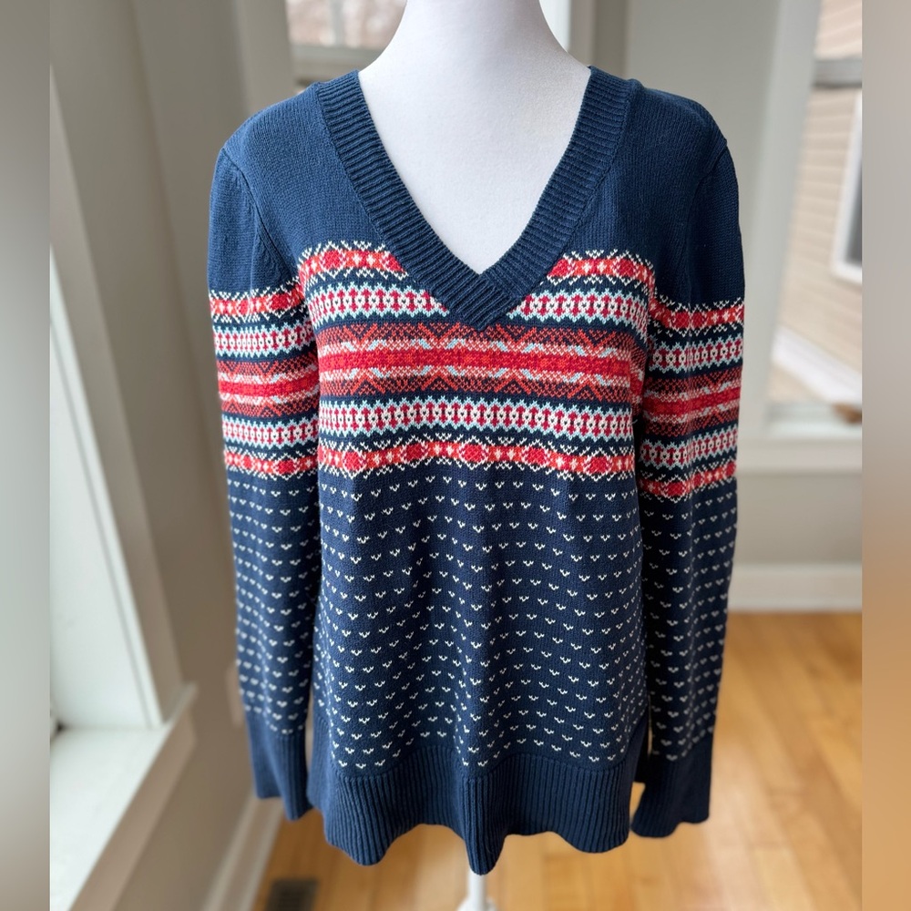 Faded Glory Navy Blue Fair Isle Cotton V Neck Puff Sleeve Sweater XL Vintage 90s